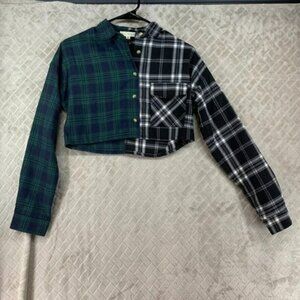 LA Hearts Womans S Crop Top Button Up Shirt Two Tone Plaid Long Sleeve Collared